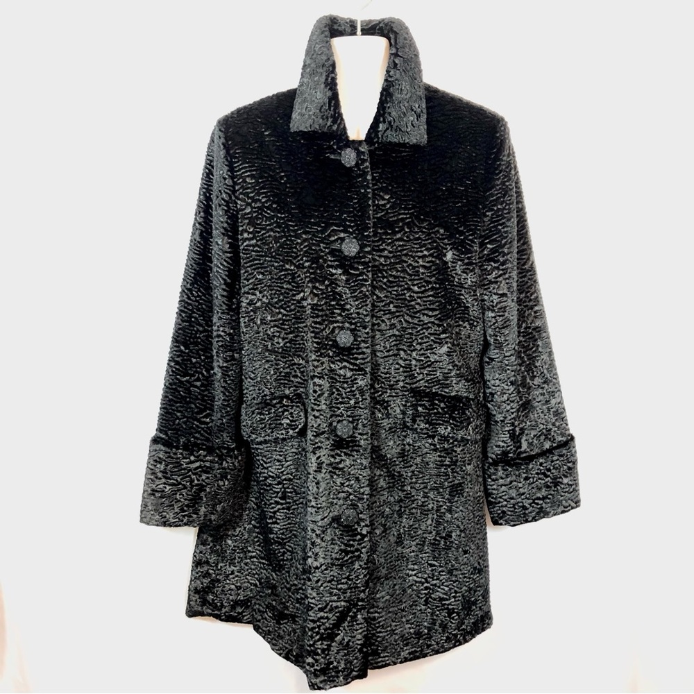 J JILL Black Faux Persian Lamb Fur Retro Style Mid-Length Coat